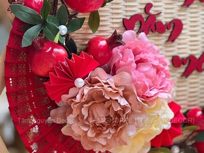 Vòng treo cửa mẹt tre Chúc Mừng Năm Mới cành lựu quạt Đỏ [Vòng nhẹ] N50cm VTC-T-46